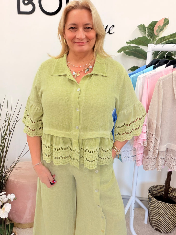 Ladies Fashion Broderie Anglaise Teabag Linen Top pistachio lime