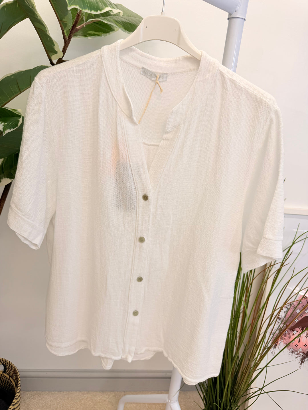 Ladies Fashion Tea Bag Linen Button Up Shirt Top white