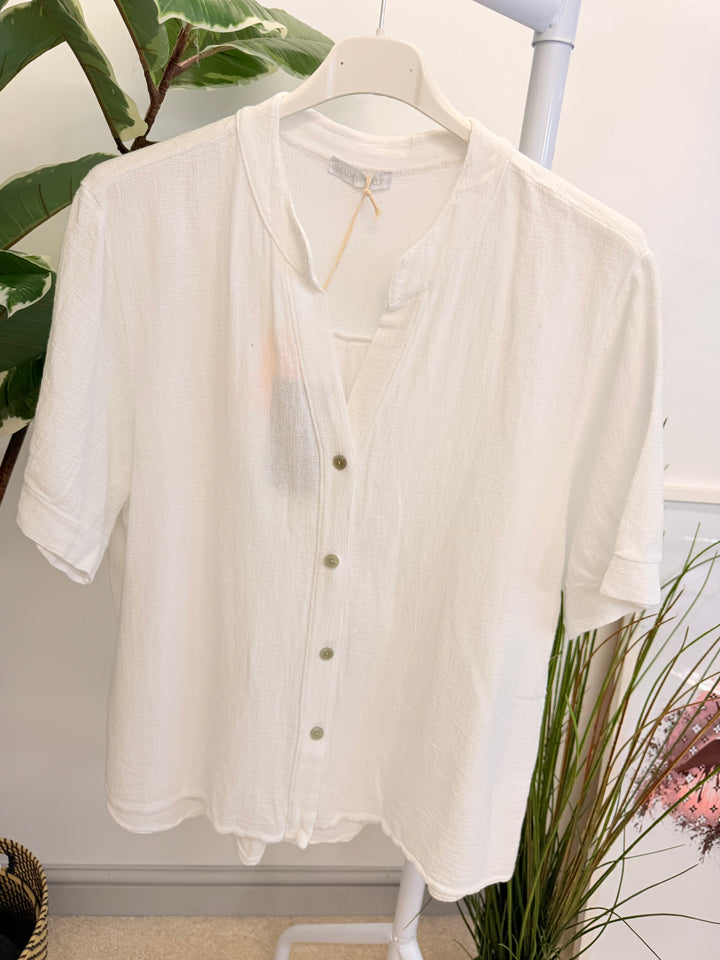 Ladies Fashion Tea Bag Linen Button Up Shirt Top white