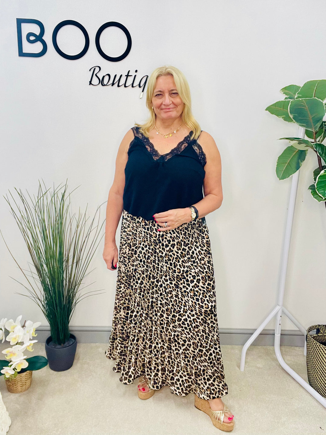 LADIES LEOPARD PRINT SATIN PLEATED MAXI SKIRT