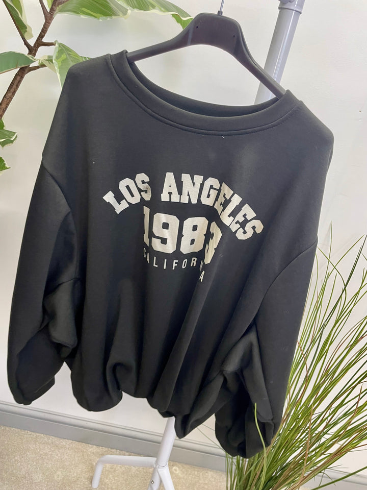 LADIES BUBBLE HEM NEW YORK SWEATSHIRT TOP - BERRY, BLACK, TAUPE, CREAM & BROWN