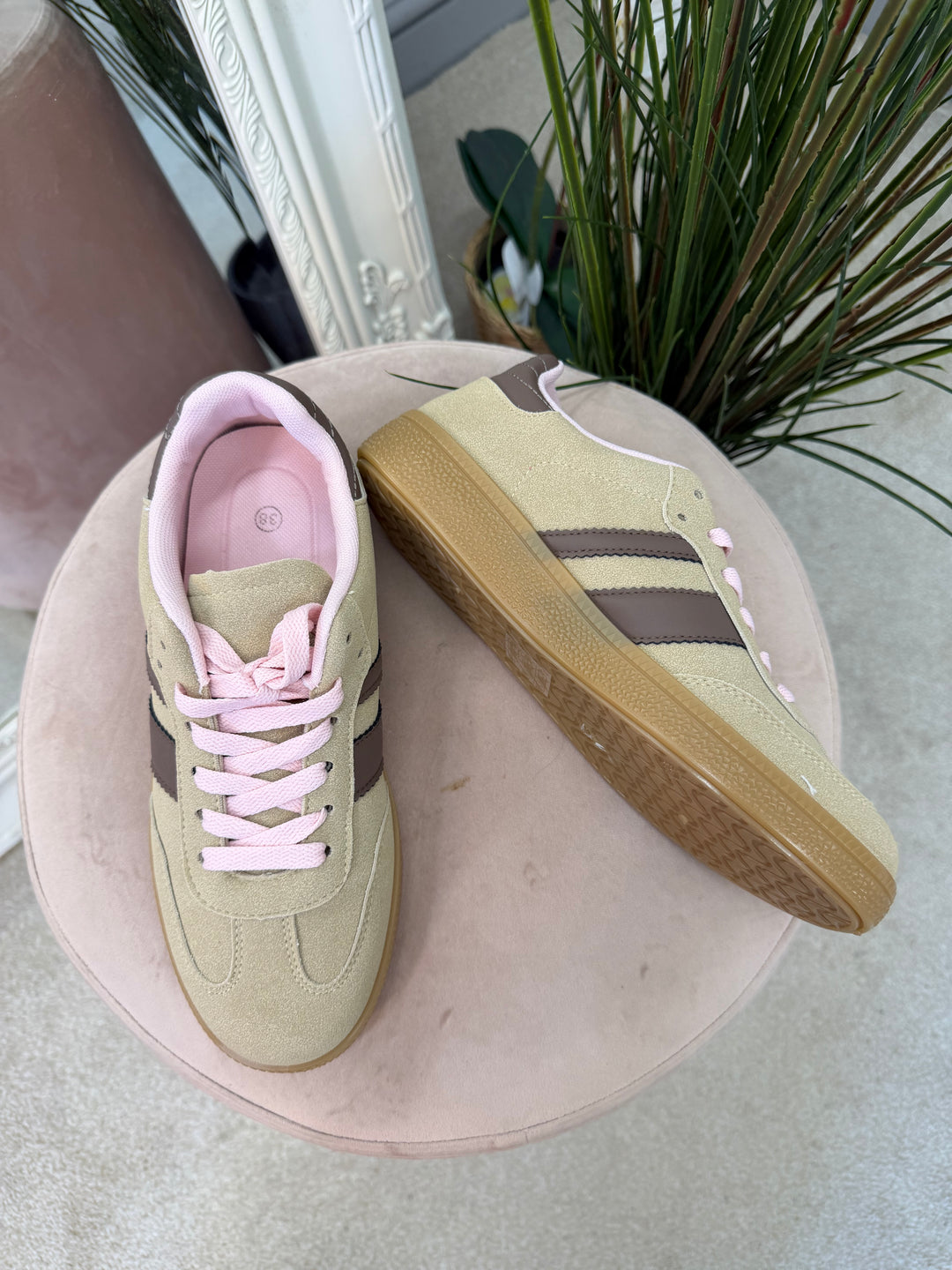 Ladies Fashion Beige Faux Suede Inspired Stripe Trainers