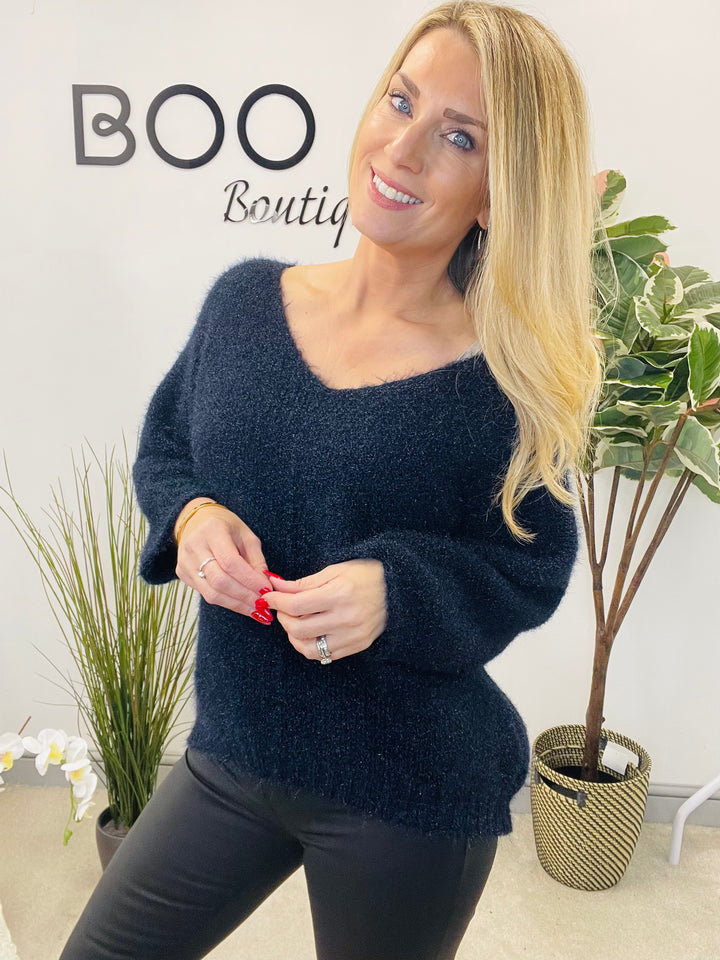 LADIES FLUFFY KNIT V NECK JUMPER - BROWN, BERRY, BLACK & NAVY