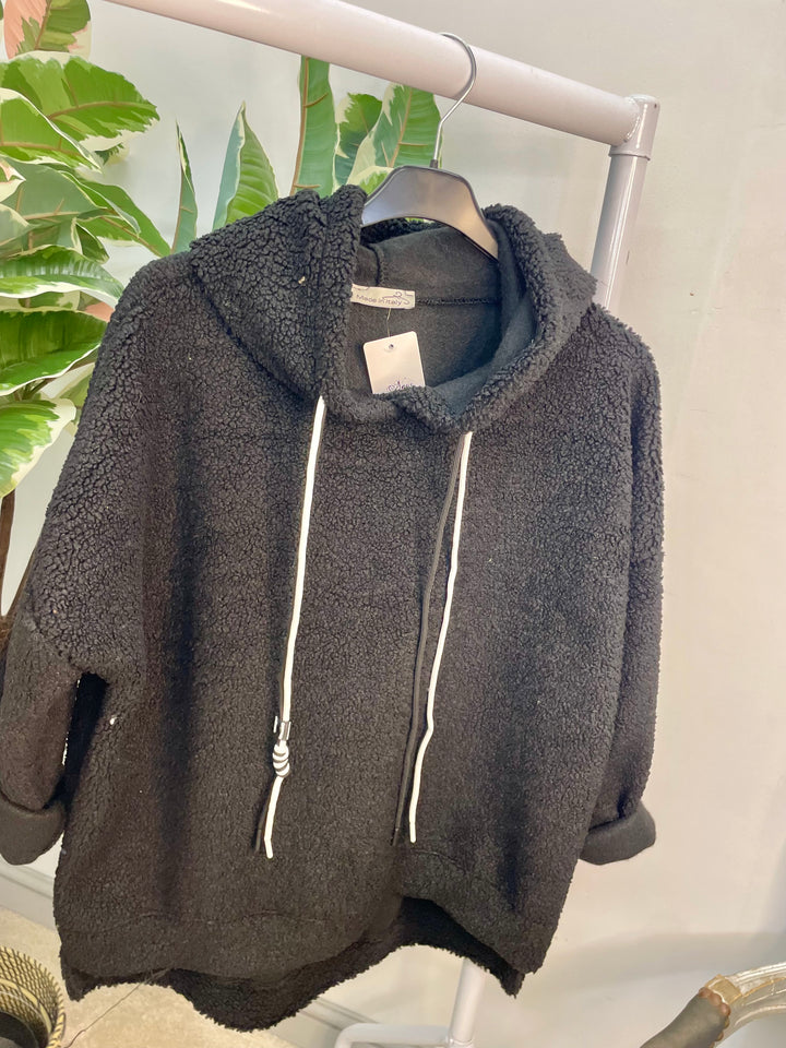 LADIES BOUCLE HOODIE TOP - BLACK, WHITE, CAMEL & BROWN