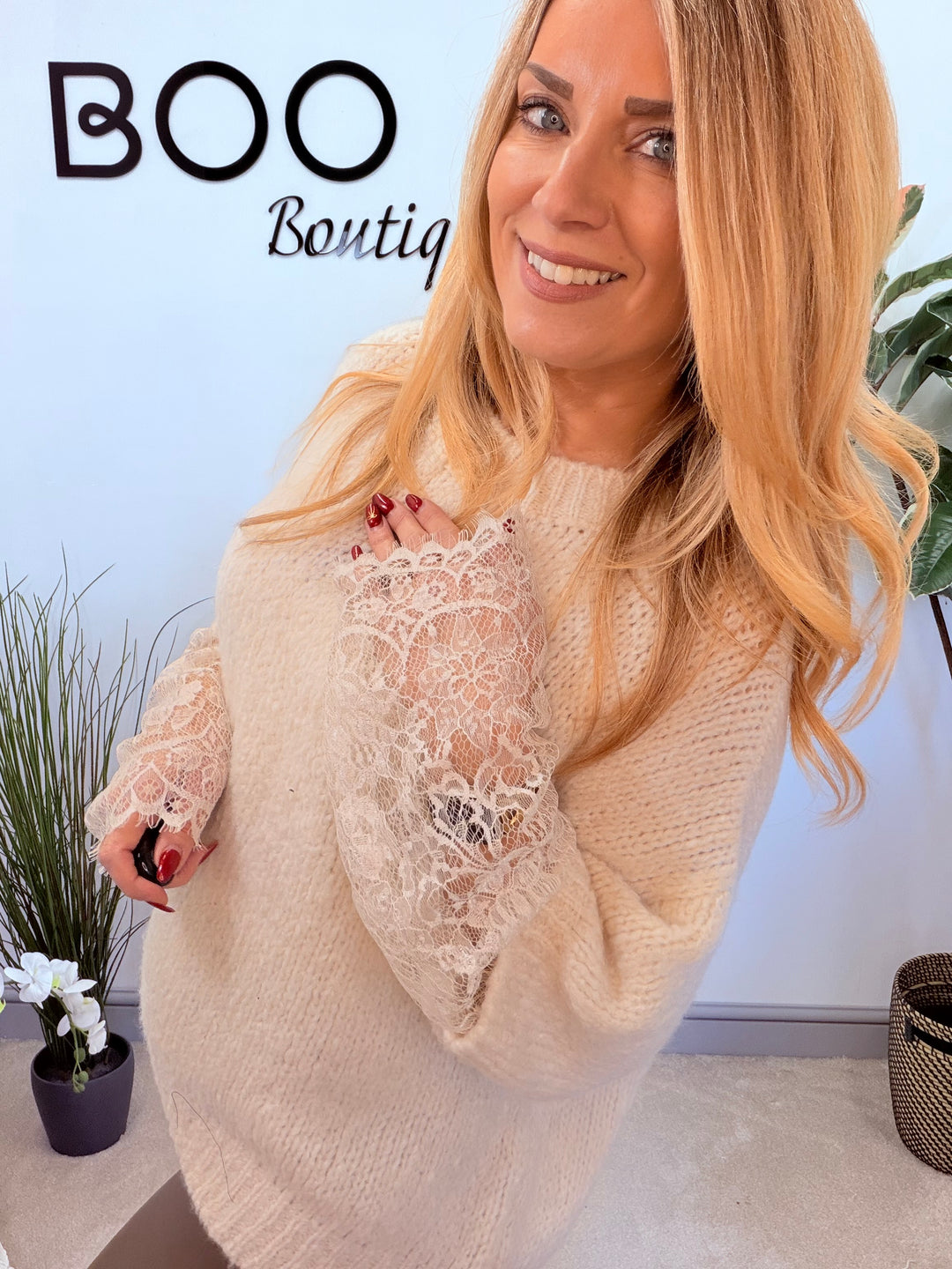 LADIES FASHION CHUNKY KNIT LACE SLEEVE JUMPER - PINK, BLUE, BEIGE, BLACK & BROWN