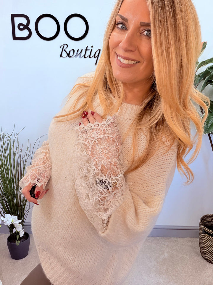 LADIES FASHION CHUNKY KNIT LACE SLEEVE JUMPER - PINK, BLUE, BEIGE, BLACK & BROWN