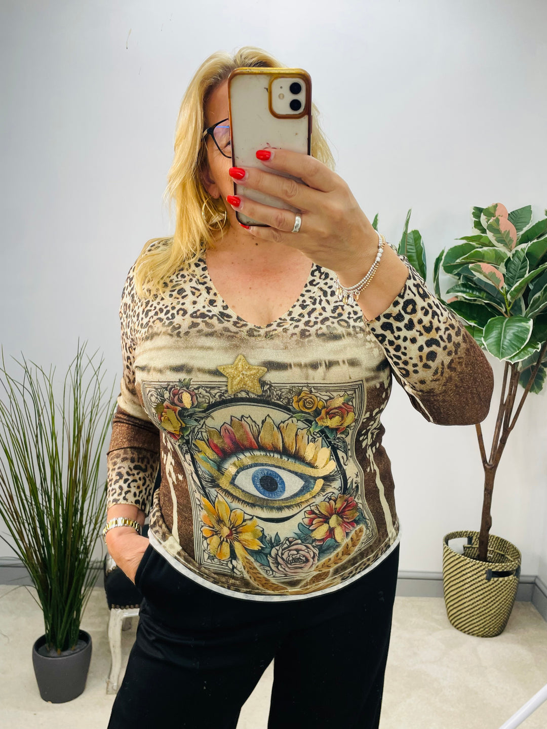 LADIES ALL SEEING EYE PRINT GOLD LUREX LONG SLEEVE TOP