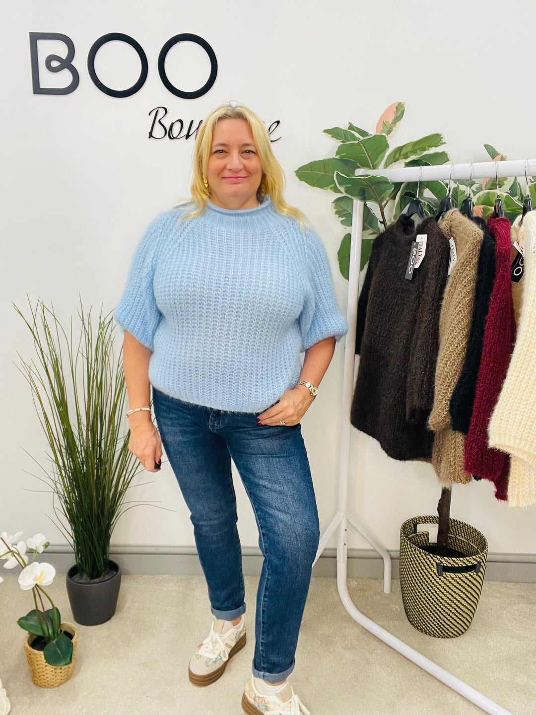 LADIES FLUFFY SHORT SLEEVE JUMPER - BROWN, BLACK, BEIGE, BLUE, BURGUNDY, MOCHA