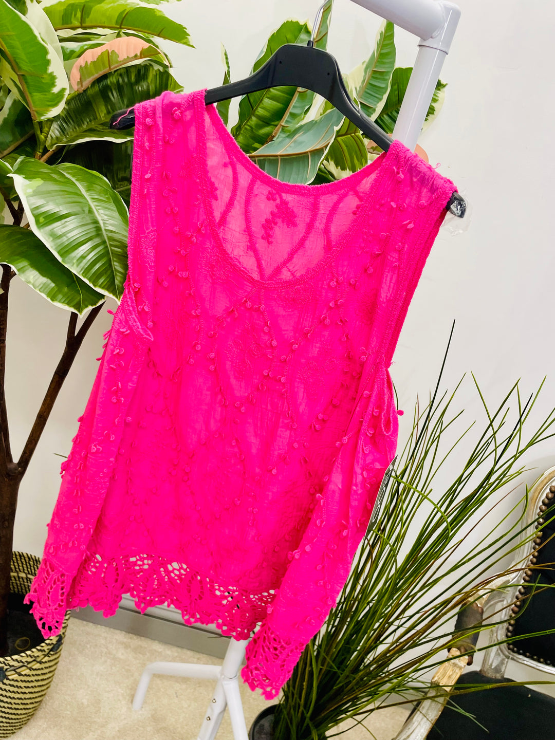 LADIES PRETTY CROCHET SUMMER SLEEVELESS TOP - WHITE, BEIGE, PINK, ORANGE, YELLOW, FUSCHIA