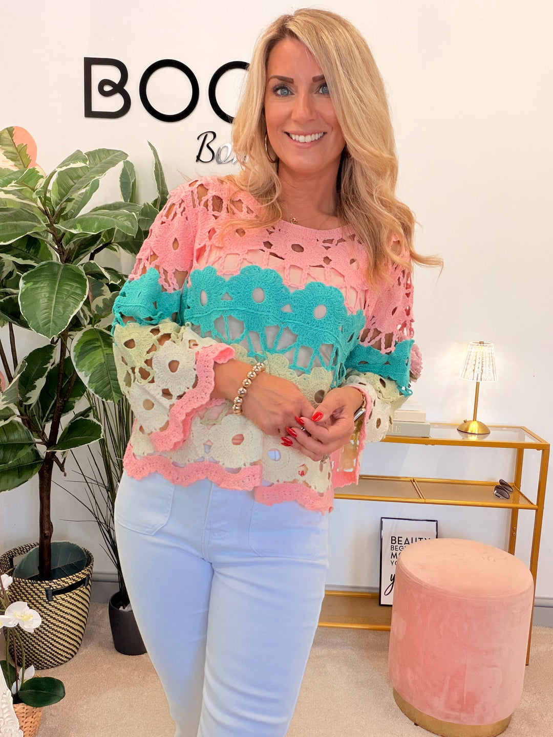 Ladies Rainbow Crochet Summer Stripe Top - Pink, Blue