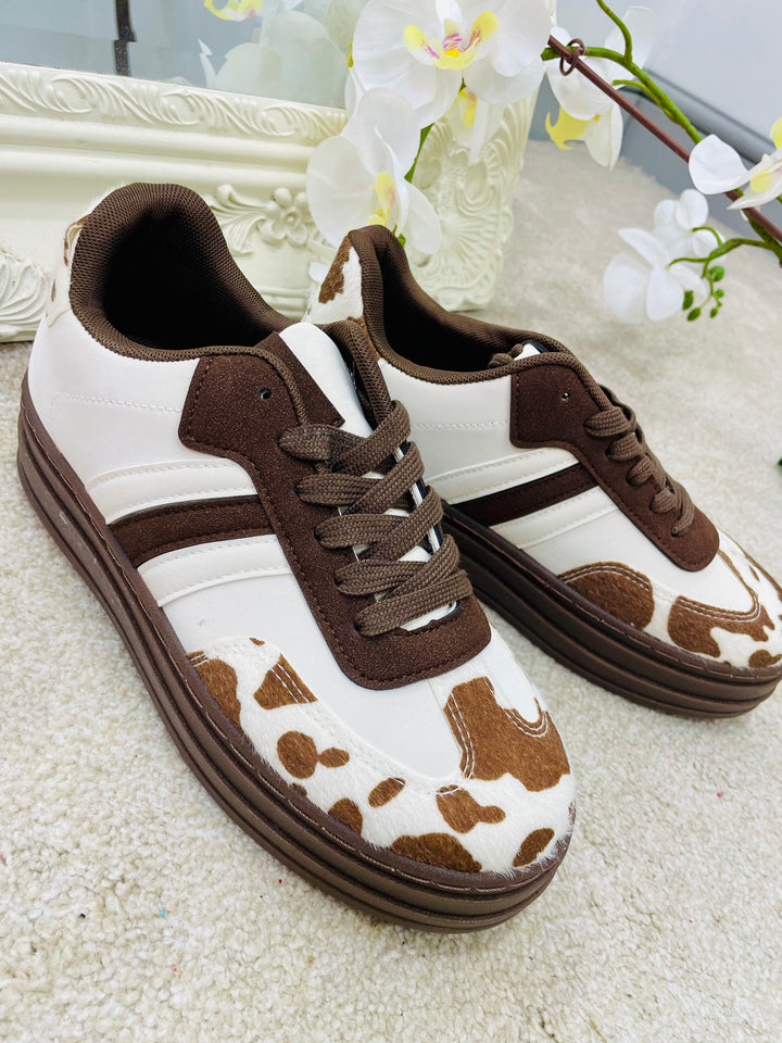 BROWN & WHITE COW PRINT FLATFORM TRAINERS ( LT33 )