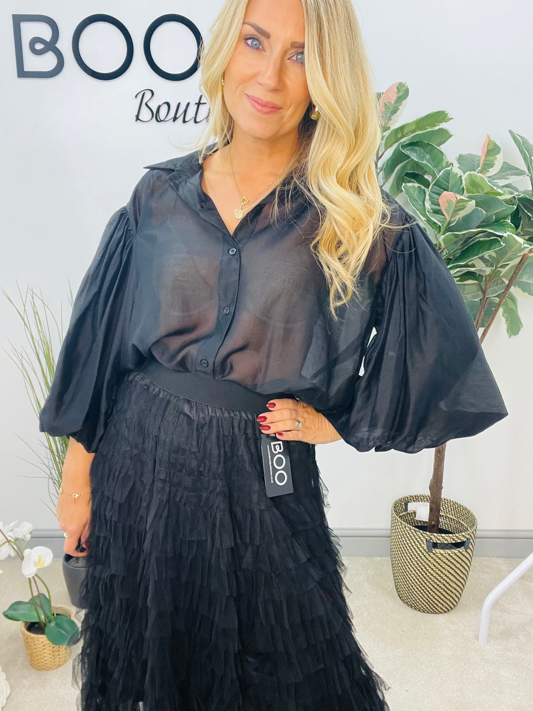 LADIES SHEER PUFF SLEEVE BLOUSE - OLIVE, BLACK, CREAM, TAUPE, WINE, BROWN