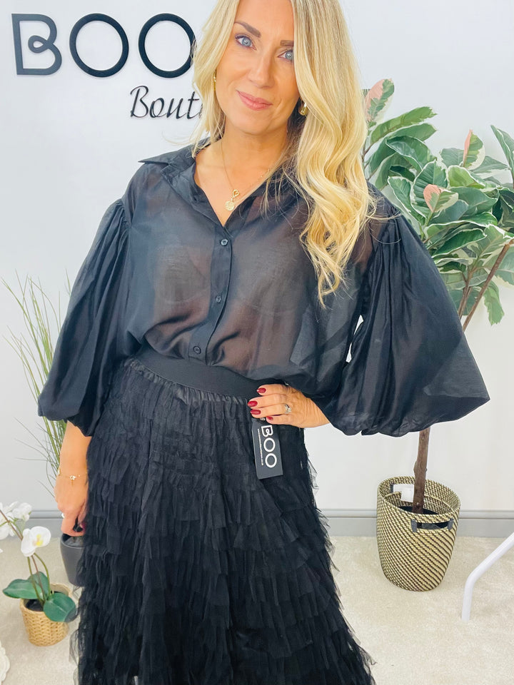 LADIES SHEER PUFF SLEEVE BLOUSE - OLIVE, BLACK, CREAM, TAUPE, WINE, BROWN