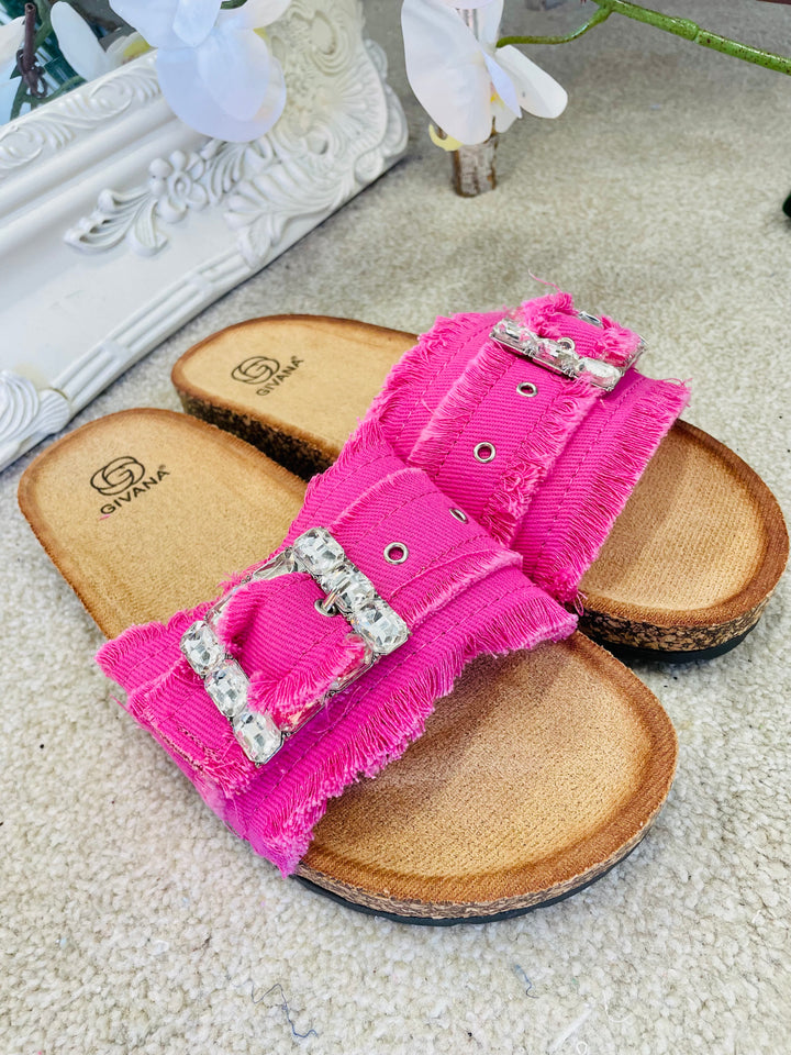 LADIES WOMENS PINK DENIM DIAMANTE BUCKLE SLIDER SUMMER SANDALS