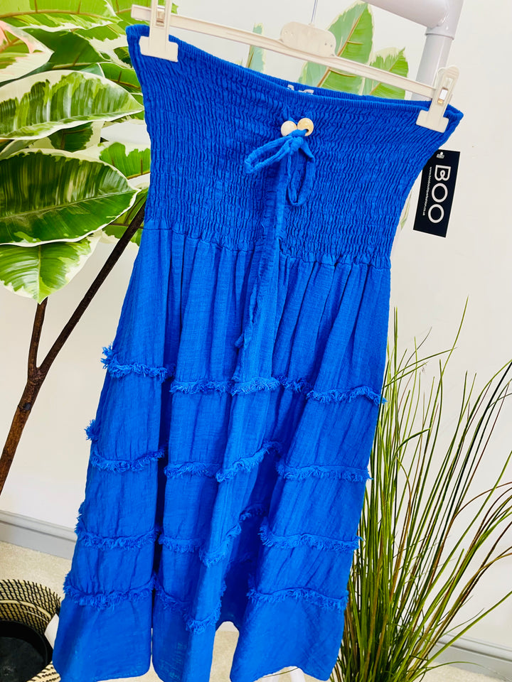 LADIES BOOBTUBE ELASTICATED SUMMER MIDI DRESS - BLUE, BEIGE, BROWN, KHAKI & RUST