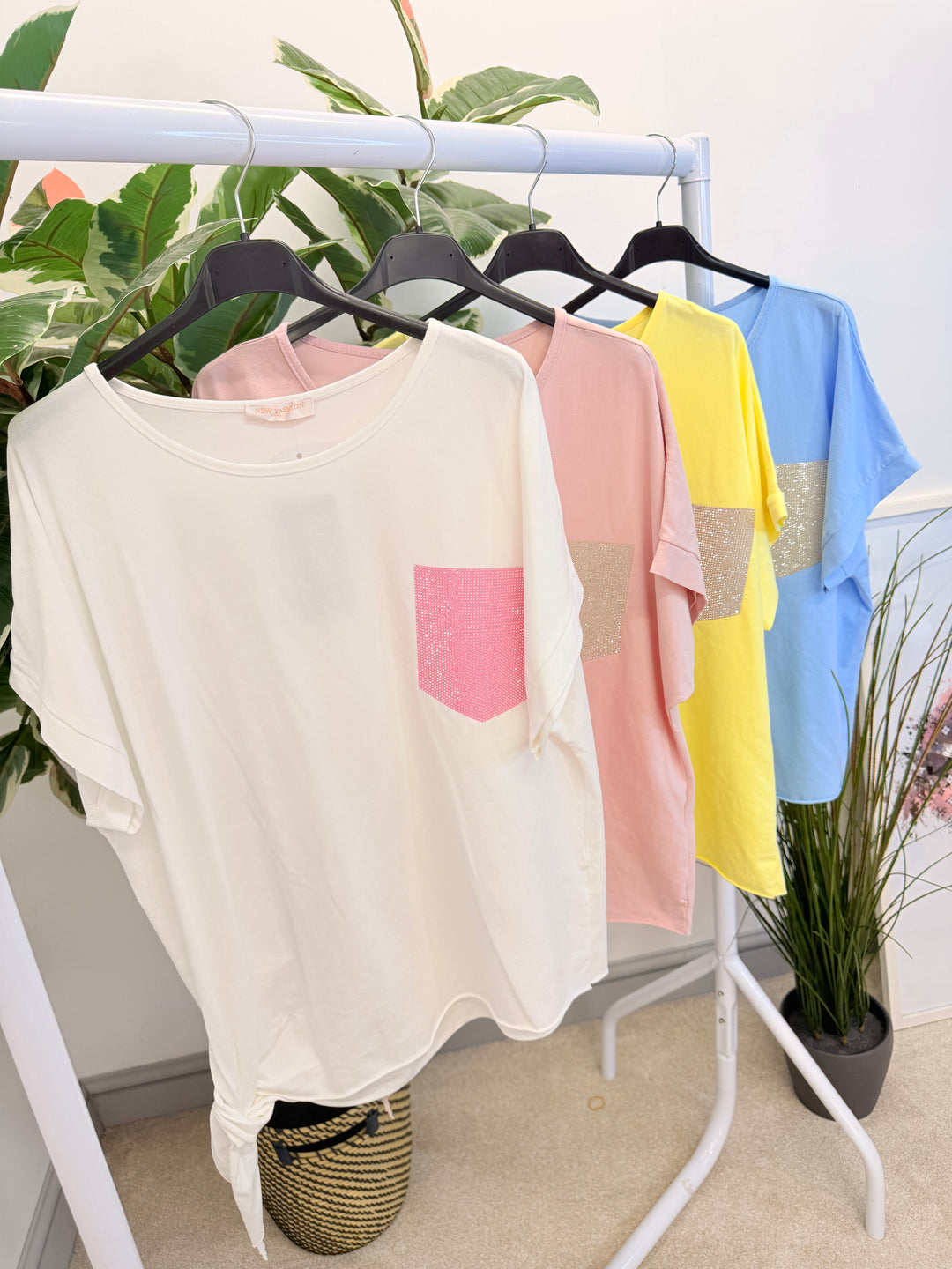 Ladies Fashion Diamante Pocket Loose Fit T Shirt - Lemon, White, Blue & Pink