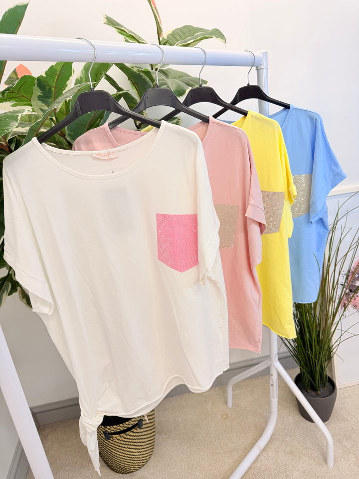 Ladies Fashion Diamante Pocket Loose Fit T Shirt - Lemon, White, Blue & Pink