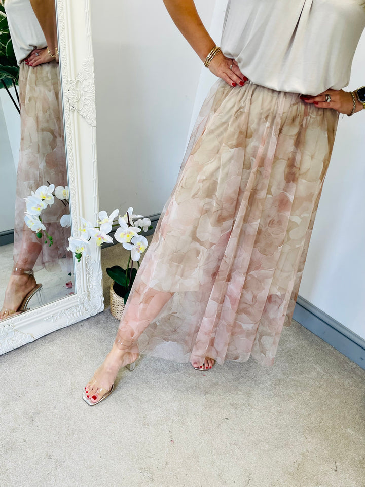 LADIES NET SUMMER MIDI SKIRT - PINK, BLACK, BEIGE