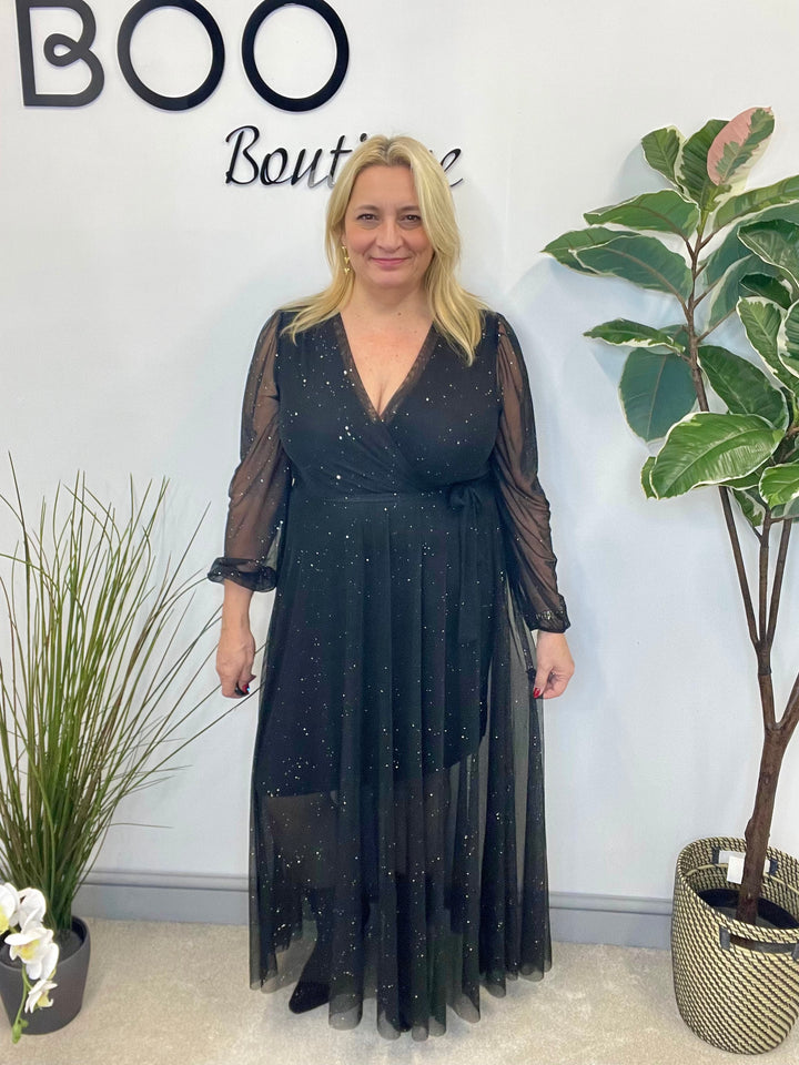 LADIES STRETCH NET PARTY MAXI DRESS - BLACK, BERRY, BROWN & GREEN