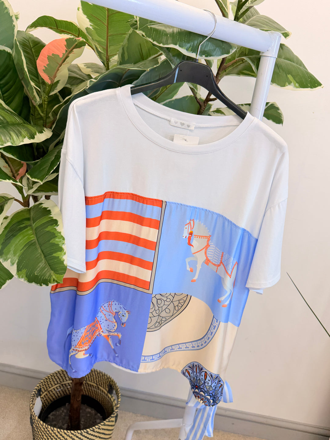 Ladies White Satin T Shirt - Pink & Blue