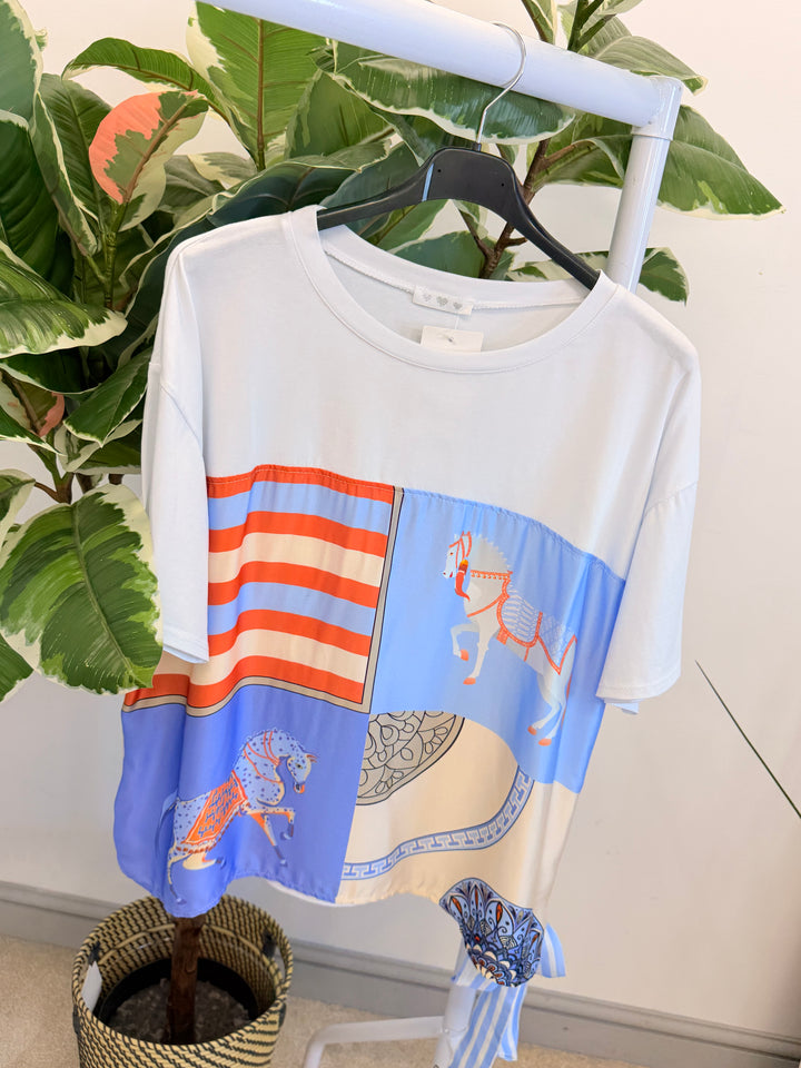 Ladies White Satin T Shirt - Pink & Blue
