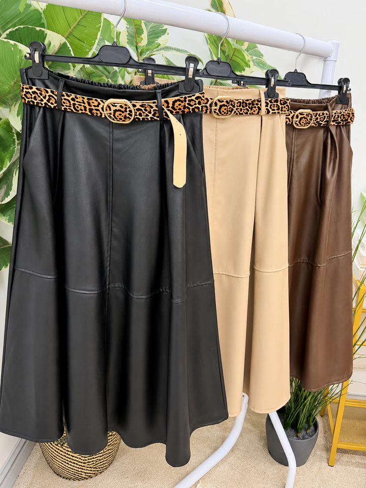 Womens fashion faux leather A line maxi skirt - black, brown & beige
