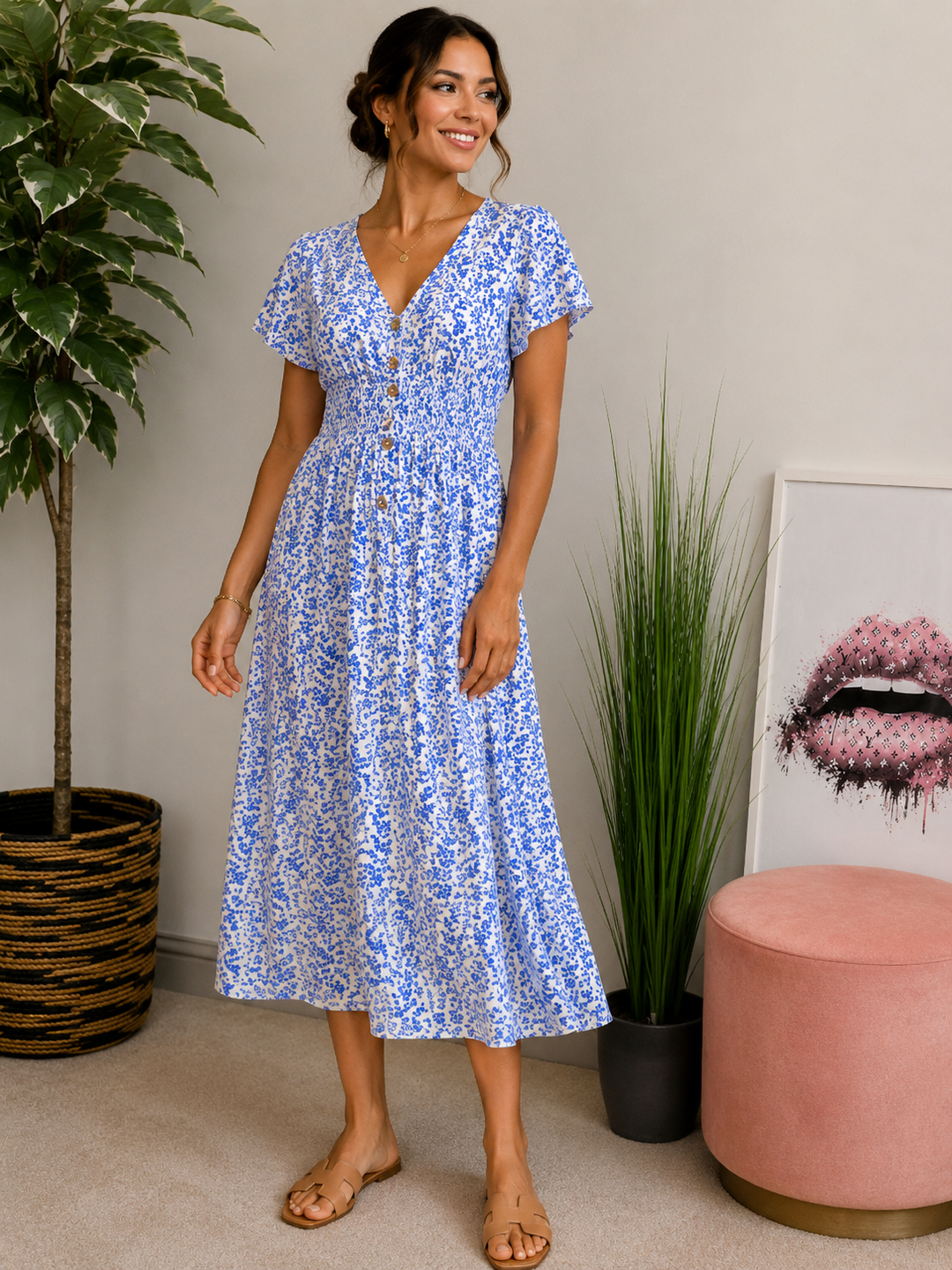 Ladies Fashion Daisy Print Midi Day Dress - Blue, Navy, Pink, Red