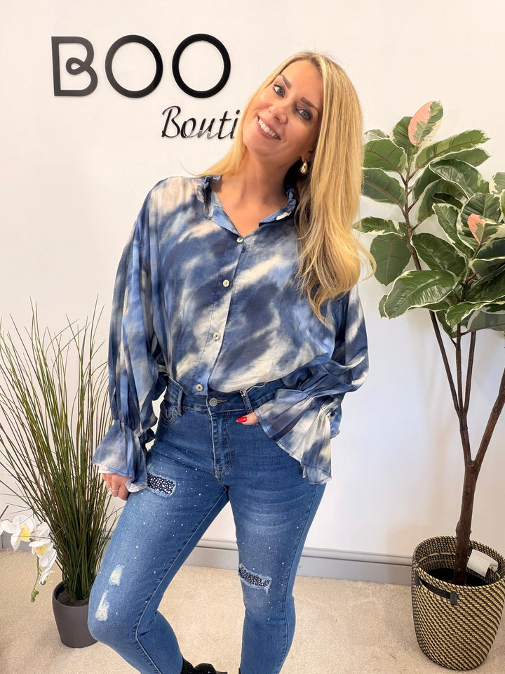 LADIES TIE DYE LOOSE FIT BLOUSE - PINK, NAVY, PALE BLUE