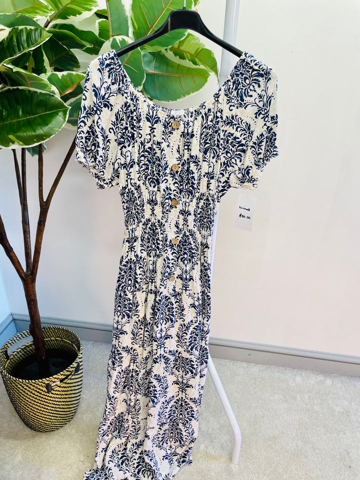 LADIES WOMENS NAVY BLUE PAISLEY PRINT SUMMER BARDOT MAXI DRESS