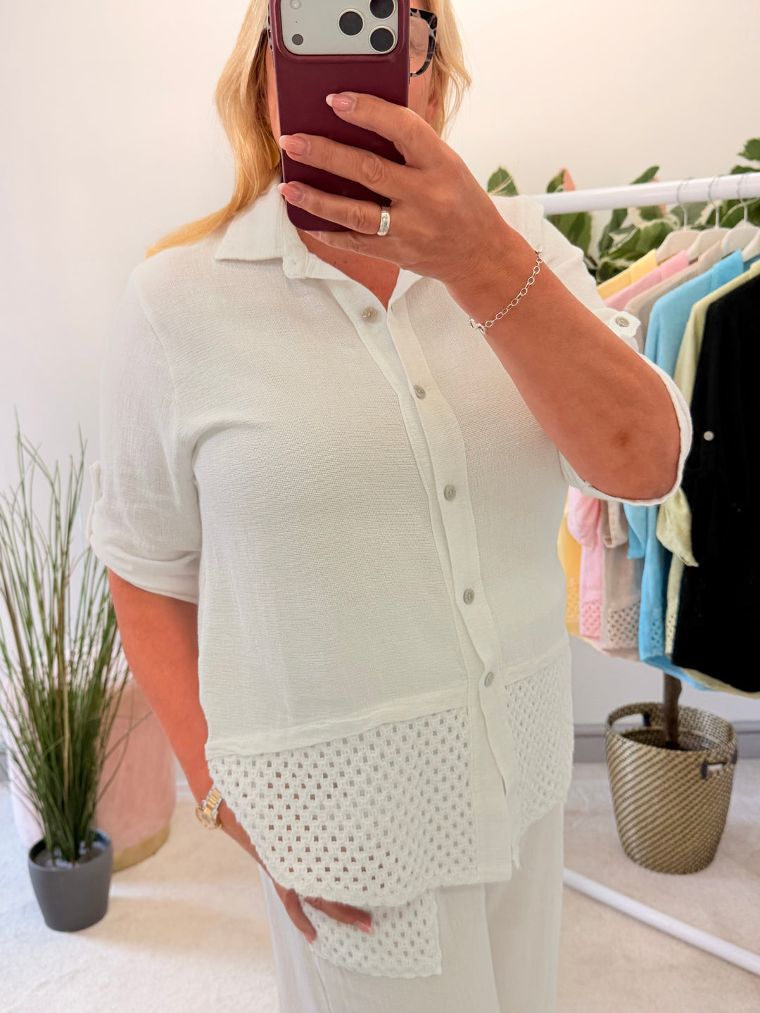 Ladies Teabag Linen Crochet Shirt Top white