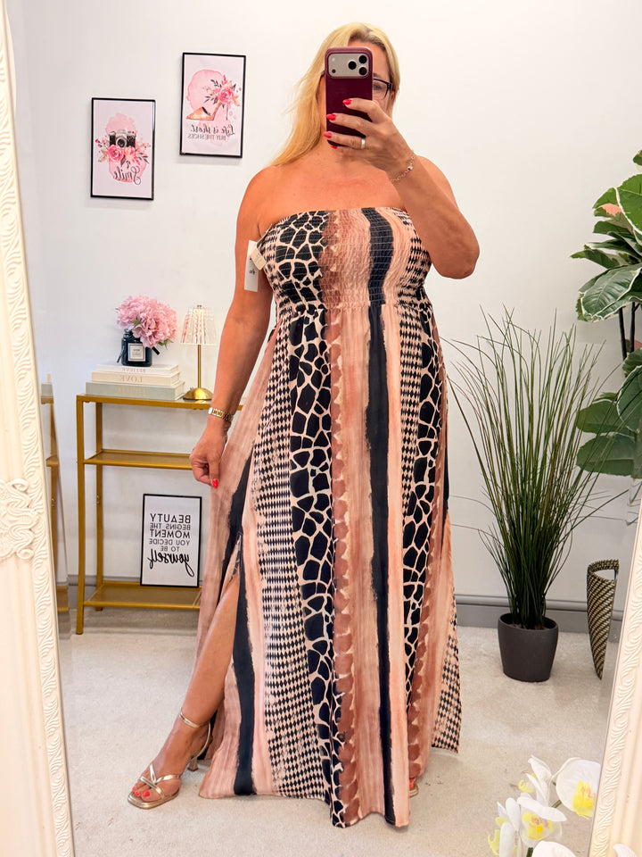 Ladies Summer Animal Print Bandeau Maxi Dress - Pink, Lilac, Blue & Black