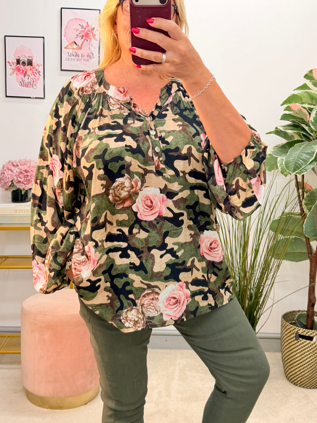 Ladies Fashion Loose Fit Camouflage Top Blouse - Khaki & Black