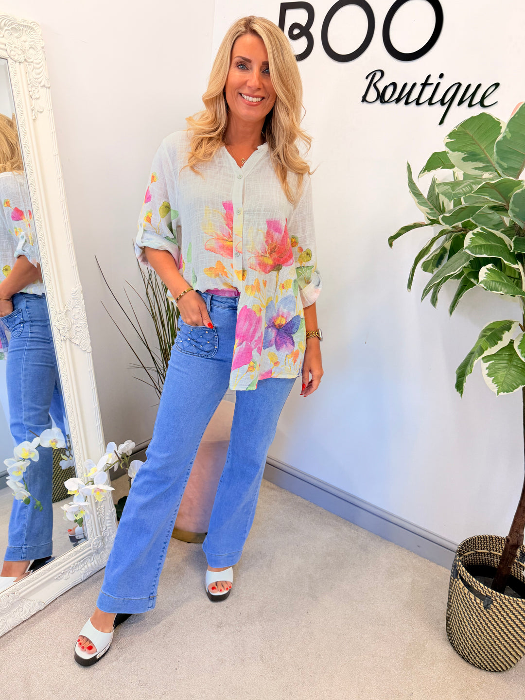 Ladies Fashion White Flower Print Light Linen Shirt Top