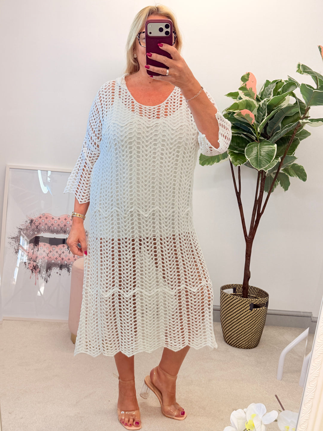 Ladies White Crochet Beach Swimwear Cover Up Dress