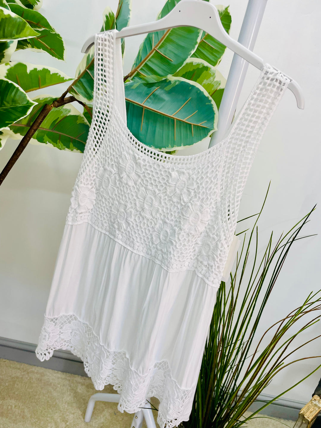 LADIES CROCHET & LACE SUMMER CAMI TOP - WHITE, LEMON, BLUE, PINK, KHAKI, BLACK