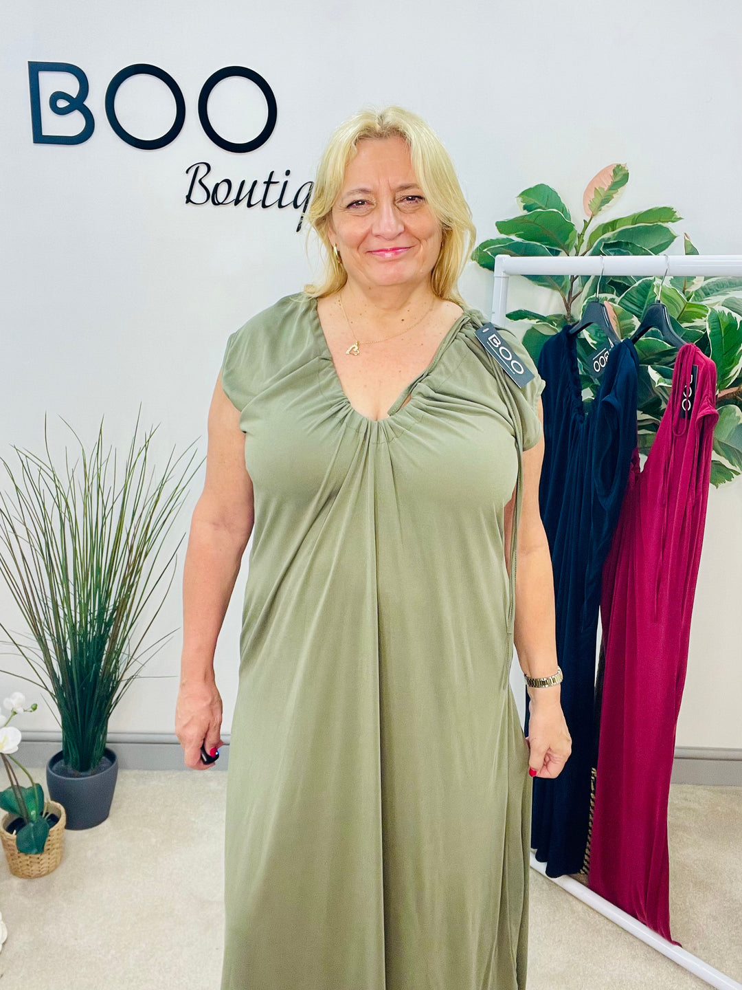LADIES SILKY LOOSE FIT V NECK MAXI DRESS - BURGUNDY, NAVY & KHAKI