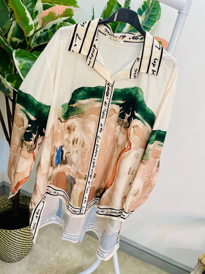 LADIES SATIN OVERSIZE AMALFI PRINT SHIRT - KHAKI & CREAM