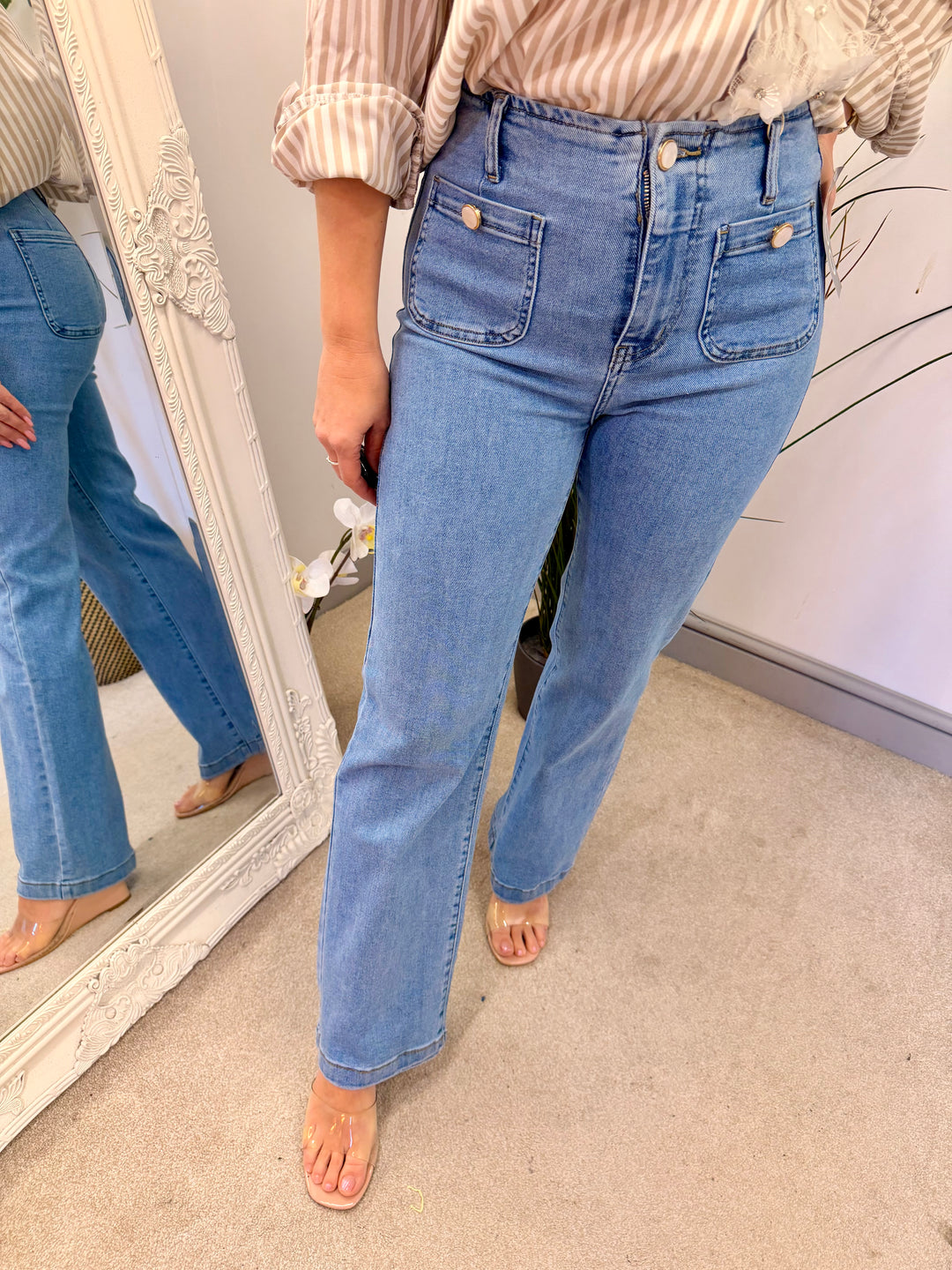 Ladies Fashion Light Blue Denim Straight Leg Jeans