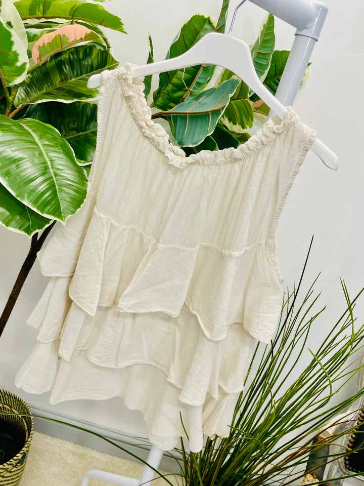 LADIES COTTON FRILL SUMMER TOP BLOUSE - WHITE, KHAKI, PINK & BEIGE