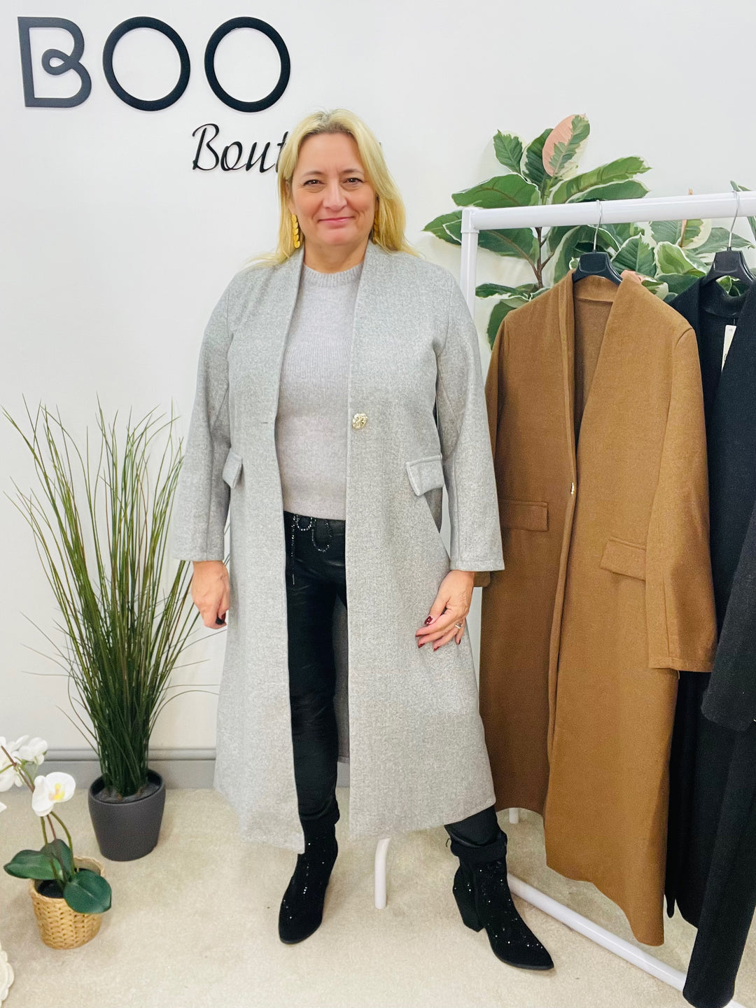 LADIES V NECK DUSTER COAT - CAMEL, CHARCOAL BLACK & GREY