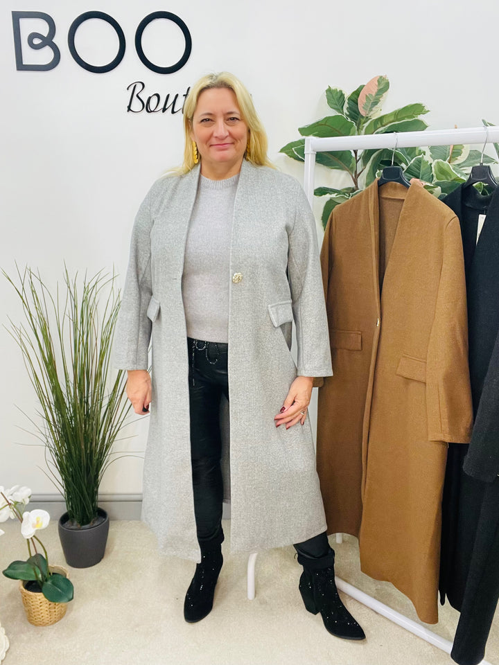 LADIES V NECK DUSTER COAT - CAMEL, CHARCOAL BLACK & GREY