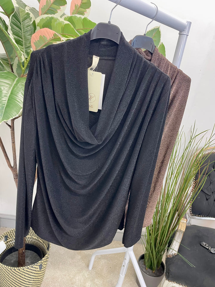 LADIES LUREX COWL NECK TOP - BLACK & BROWN