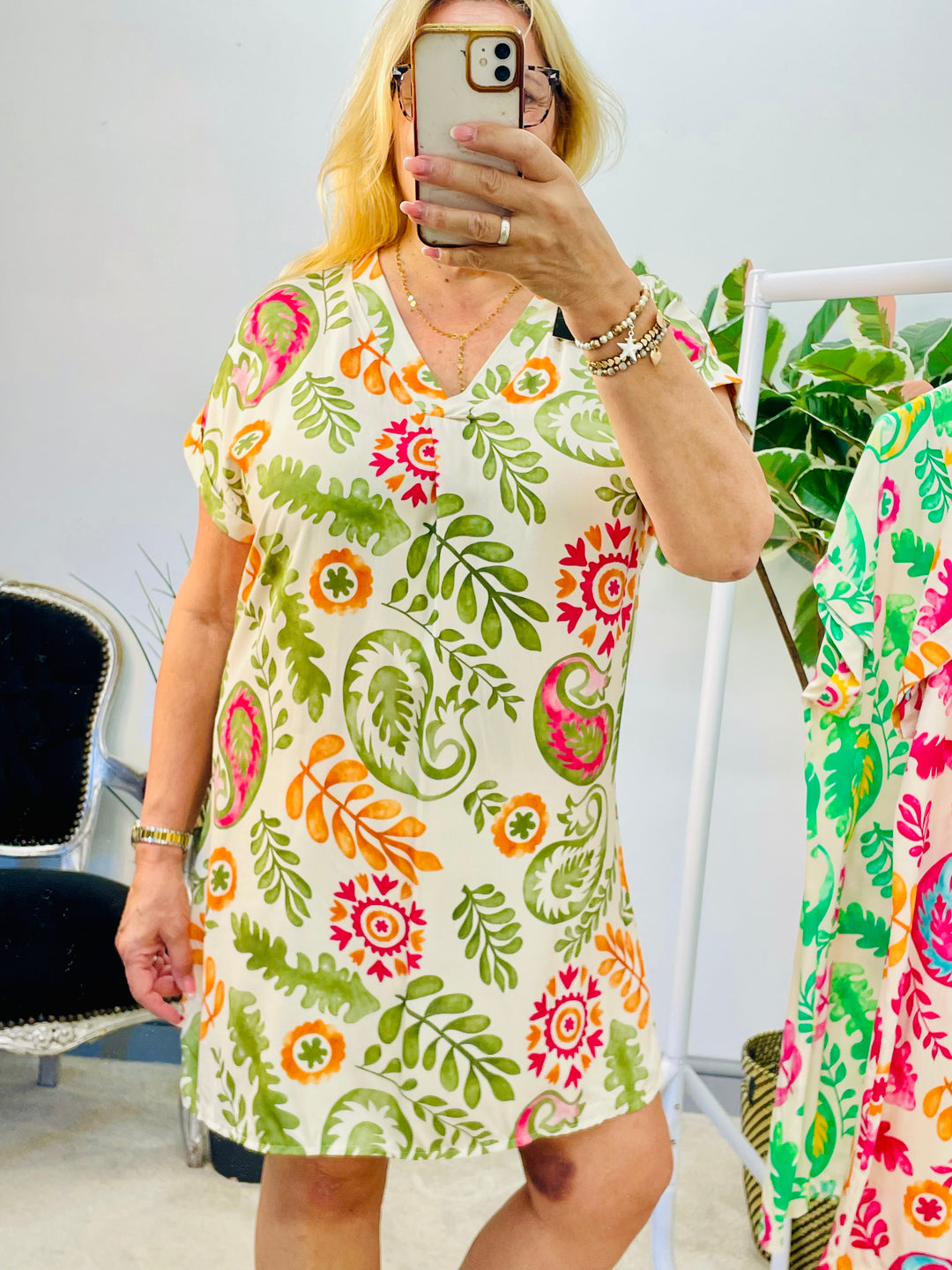 LADIES PAISLEY PRINT SHIFT SUMMER DRESS - PINK, GREEN & KHAKI