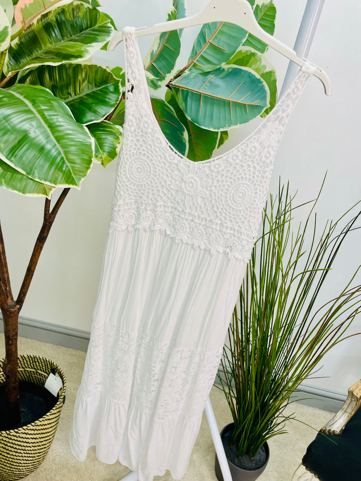 LADIES CROCHET LACE SUMMER MIDI DRESS - WHITE, ROYAL BLUE, FUSCHIA PINK & GREEN