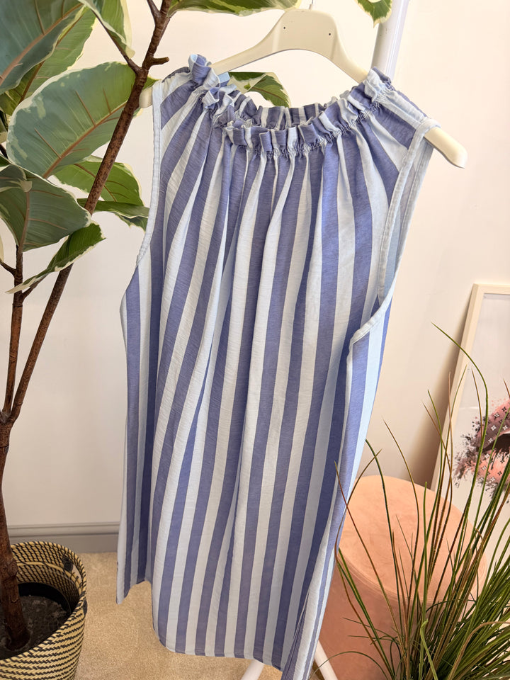Ladies Candy Stripe High Neck Summer Sun Dress - Brown, Blue, Mint & Pink