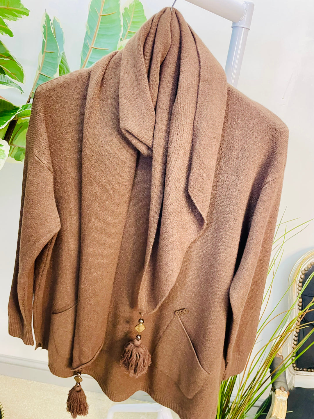 LADIES SOFT KNIT JUMPER & SCARF SET - BURGUNDY, BEIGE, BROWN & BLACK