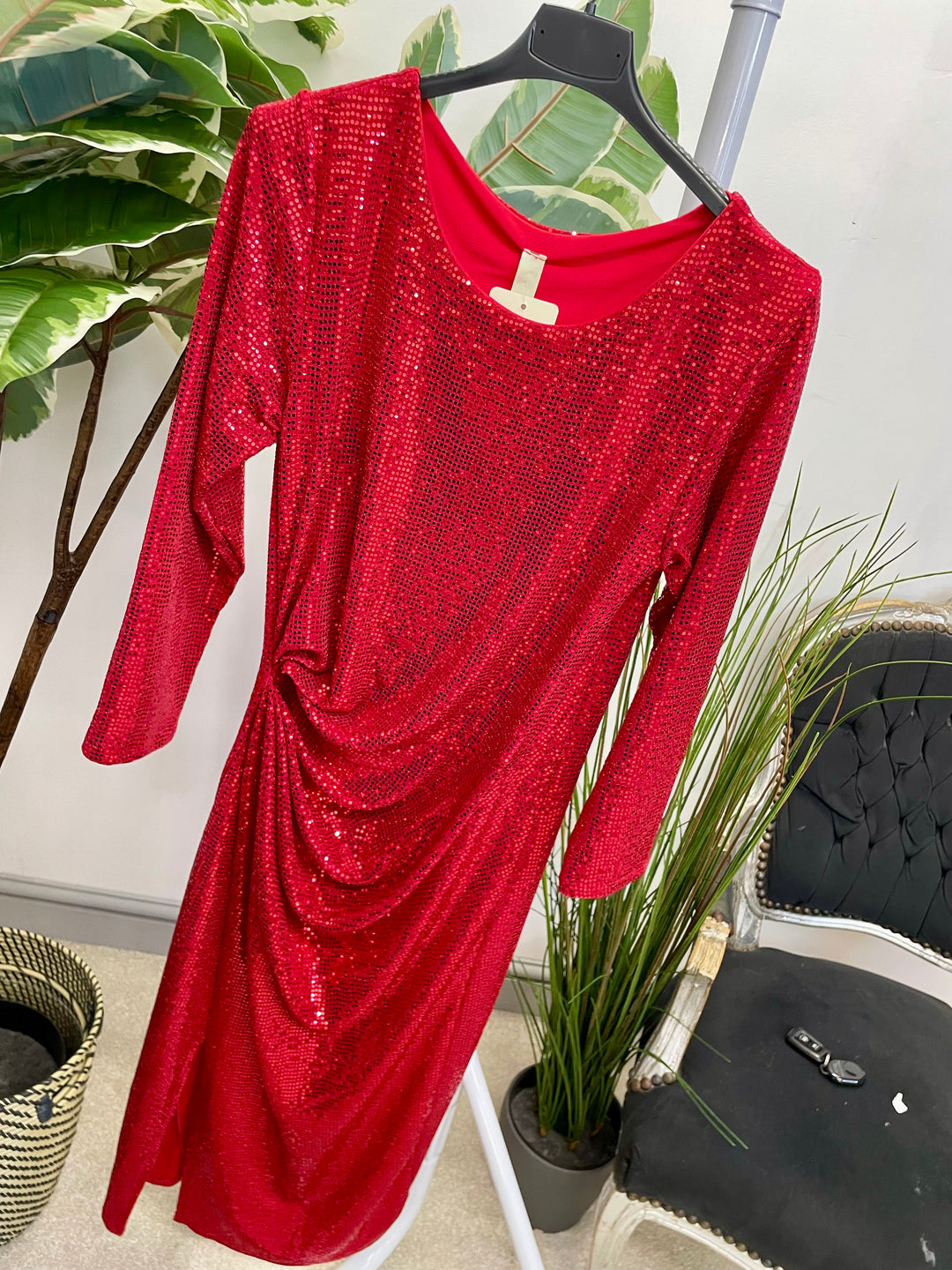 LADIES SEQUIN SEXY RUCHE SIDE PARTY DRESS - RED, BLACK, CHAMPAGNE & GOLD