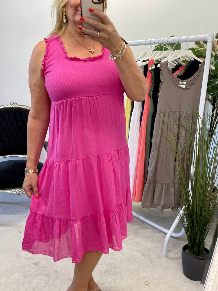 LADIES COTTON SUMMER EASY TO WEAR DRESS - YELLOW, FUSCHIA PINK, KHAKI, DARK BEIGE, BROWN, LIGHT BEIGE, WHITE, CORAL, WHITE, NAVY