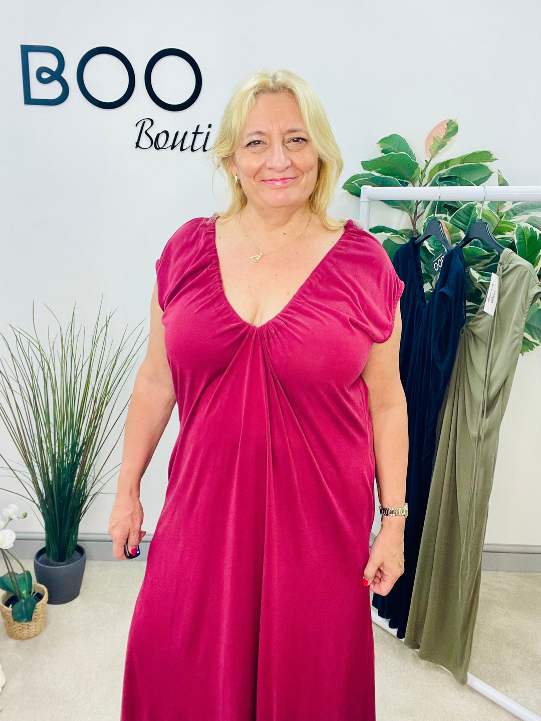 LADIES SILKY LOOSE FIT V NECK MAXI DRESS - BURGUNDY, NAVY & KHAKI