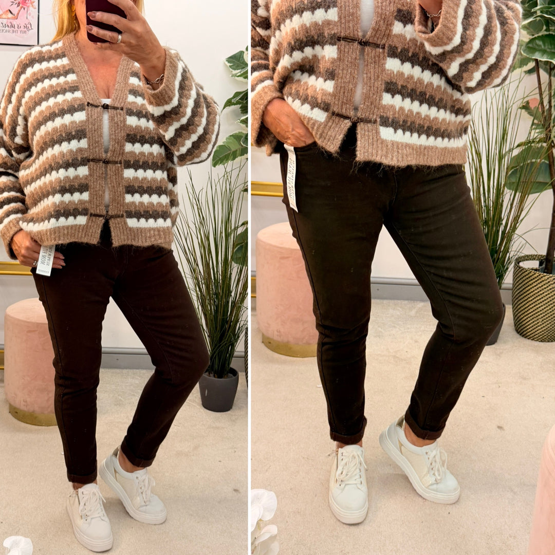 Ladies Fashion Brown Mom Fit Skinny Jeans - sizes 6 to 14